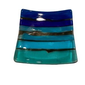 Fused Glass Trinket/Soap Dish/Aquamarine & Turquoise/Brown. Approx Size:5.75”x6”